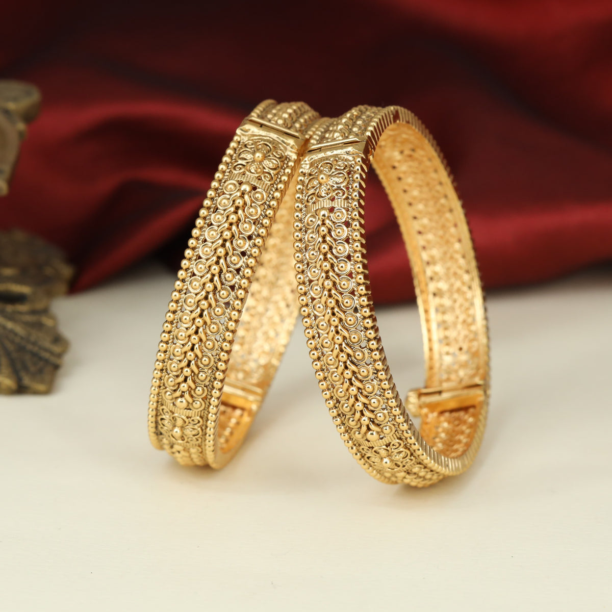 Classic Antique Bangless with Repeating Curved Details and Fine Beadwork