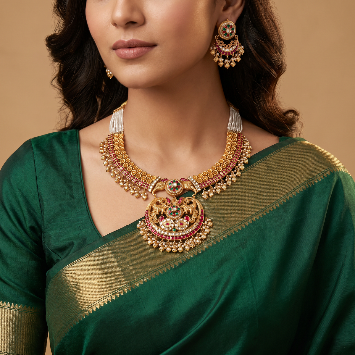 Elephant Peacock Jadau Necklace with Pearl Strands
