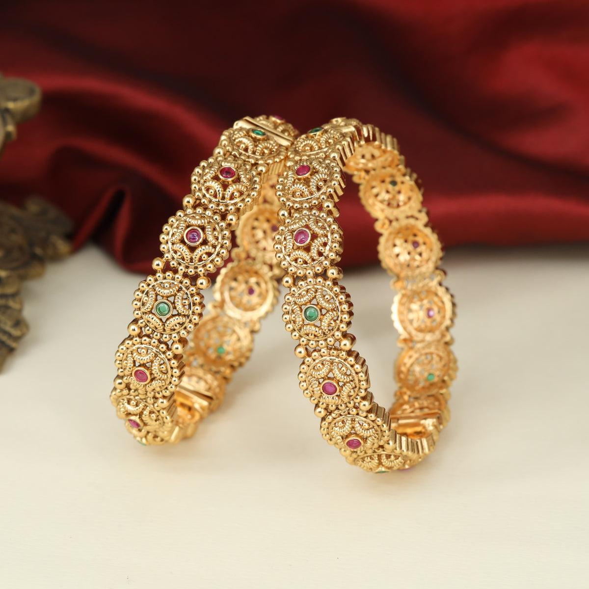 Classic Antique Bangless with Floral Medallions and Raised Circular Details