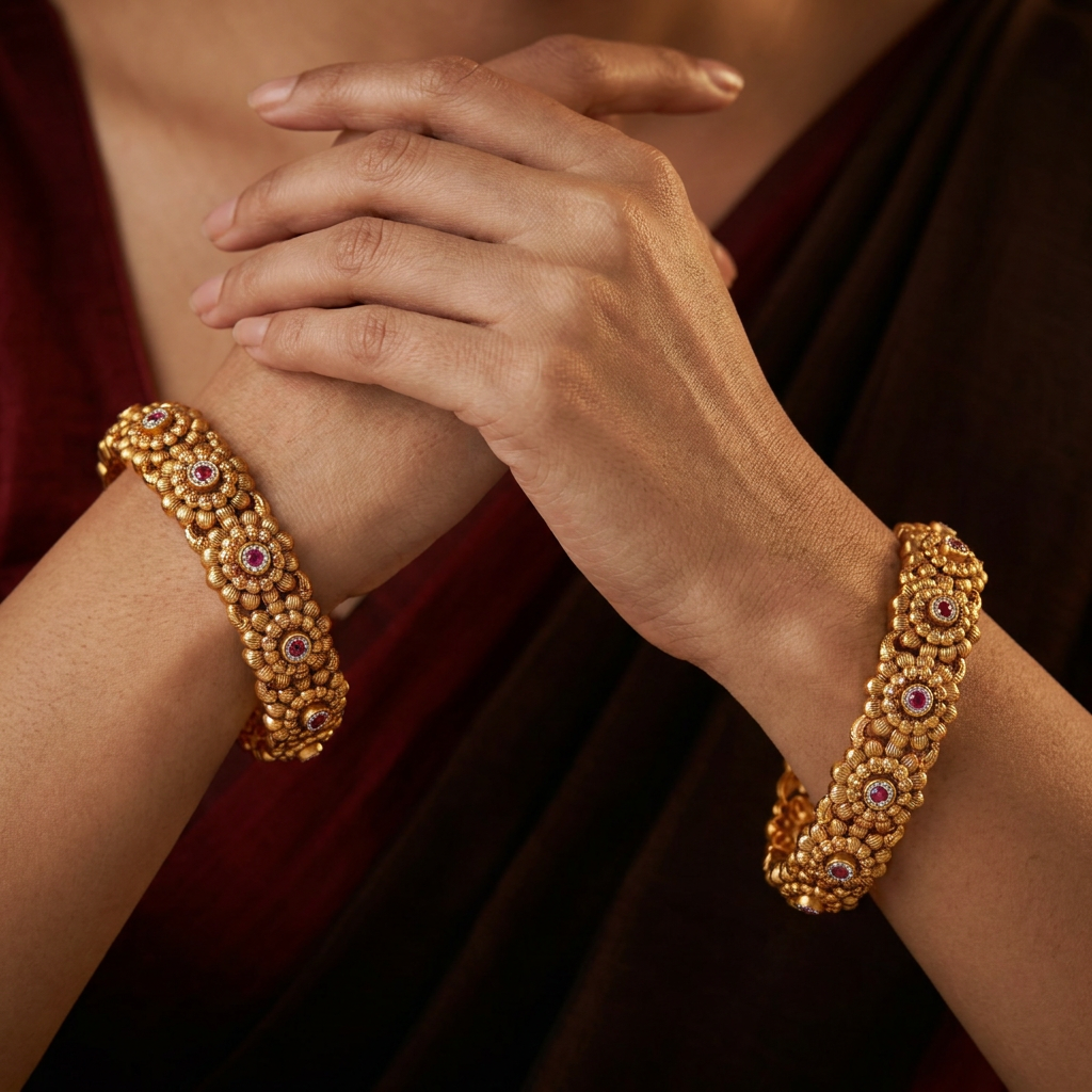 Rosette Cluster Antique Bangles with Raised Beadwork