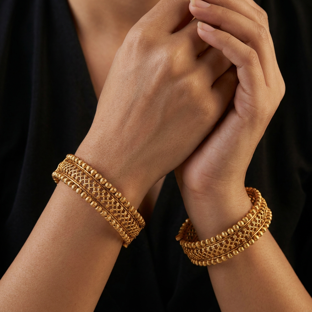 Interwoven Lattice Antique Bangles with Ribbed Borders