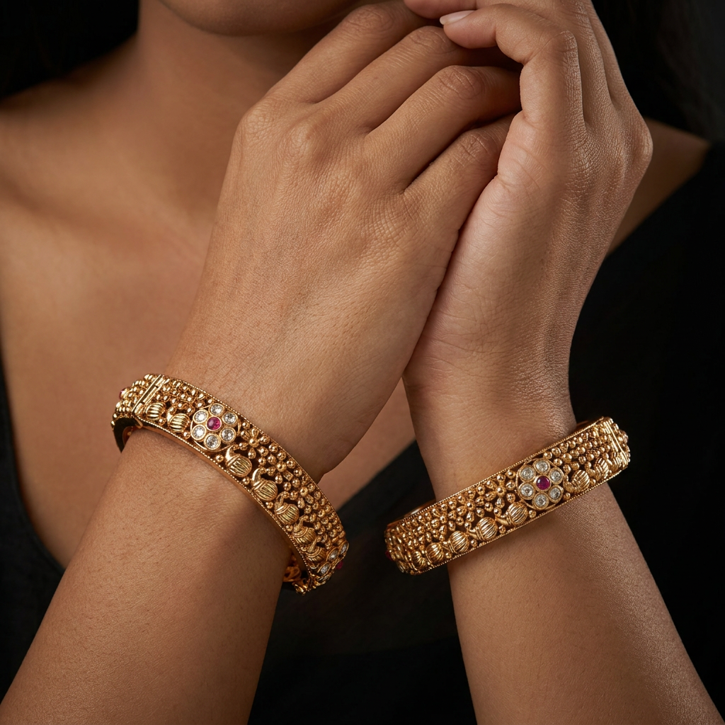 Fluted Floral Antique Bangles with Granulated Beadwork
