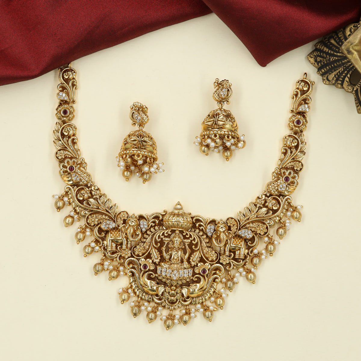 Antique Necklace with Lakshmi Centre and Sculpted Elephant Details