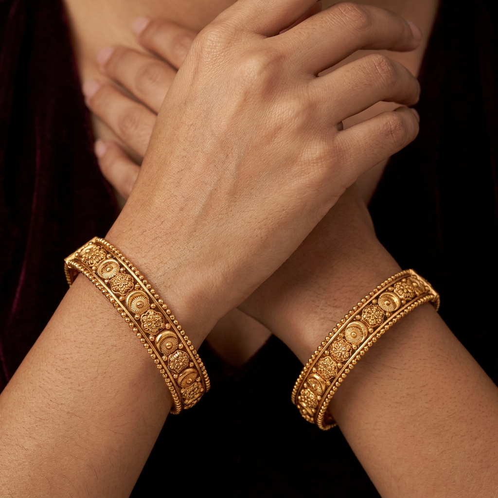 Sunburst Disc Antique Bangles with Floral Rosettes