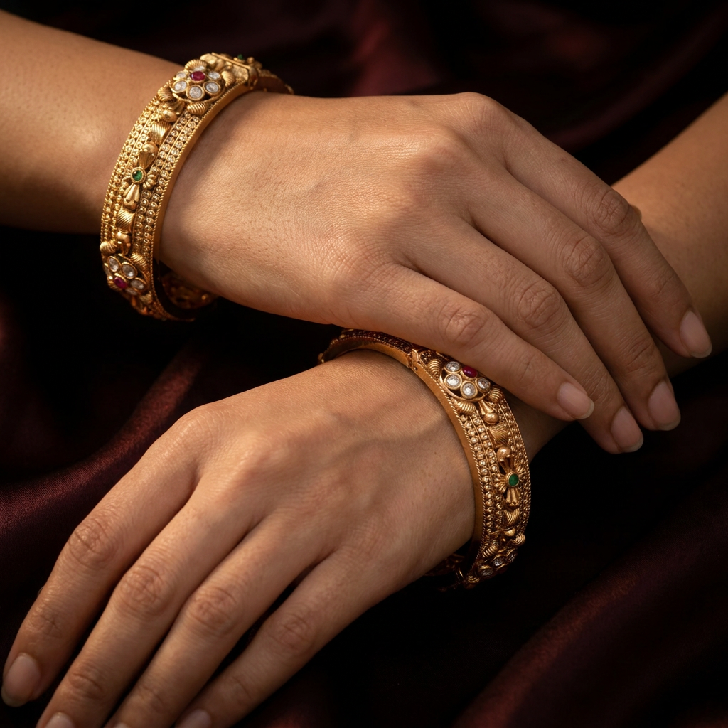 Granulated Floral Panel Antique Bangles with Spirals
