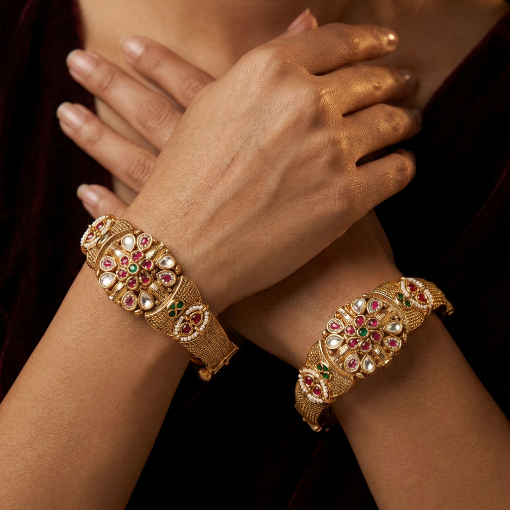 Textured Antique Bangles with Floral Medallion Centres