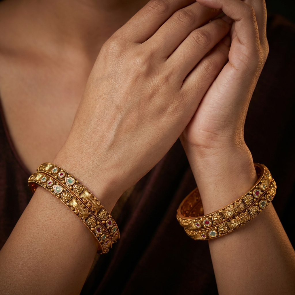 Sculpted Leaf Antique Bangles with Oval Accents