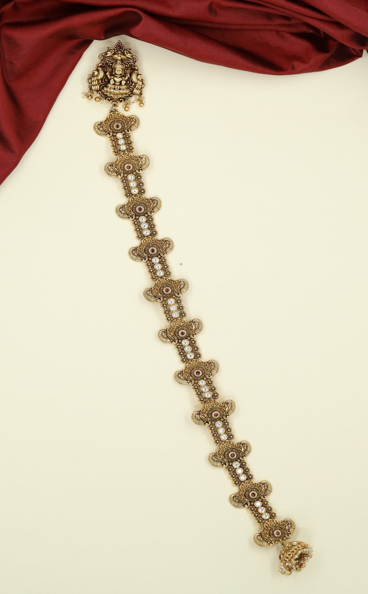 Lakshmi Antique Long Jade with Repeated Floral Medallions and Fine Bead Detailing