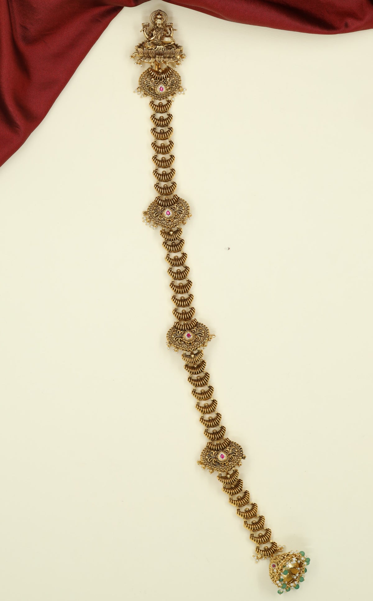Antique Long Jade with Sculpted Lakshmi Work and Closely Linked Ornamental Sections
