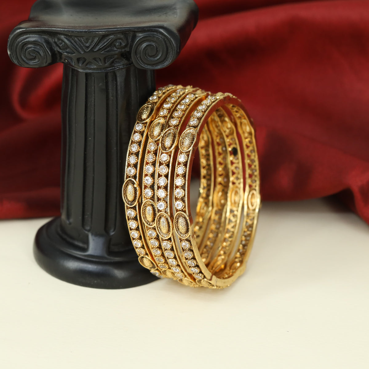 Classic Antique Bangles with Oval Decorative Panels and Intricate Linear Work