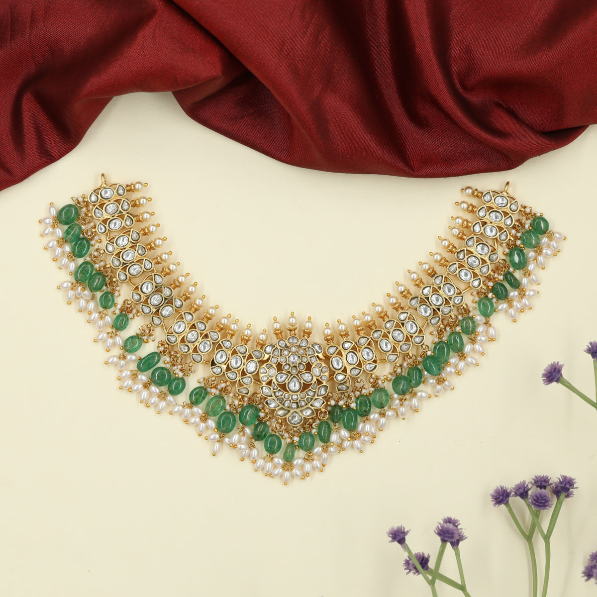 Classic Jadau Necklace with Floral Medallion and Layered Drop Arrangement