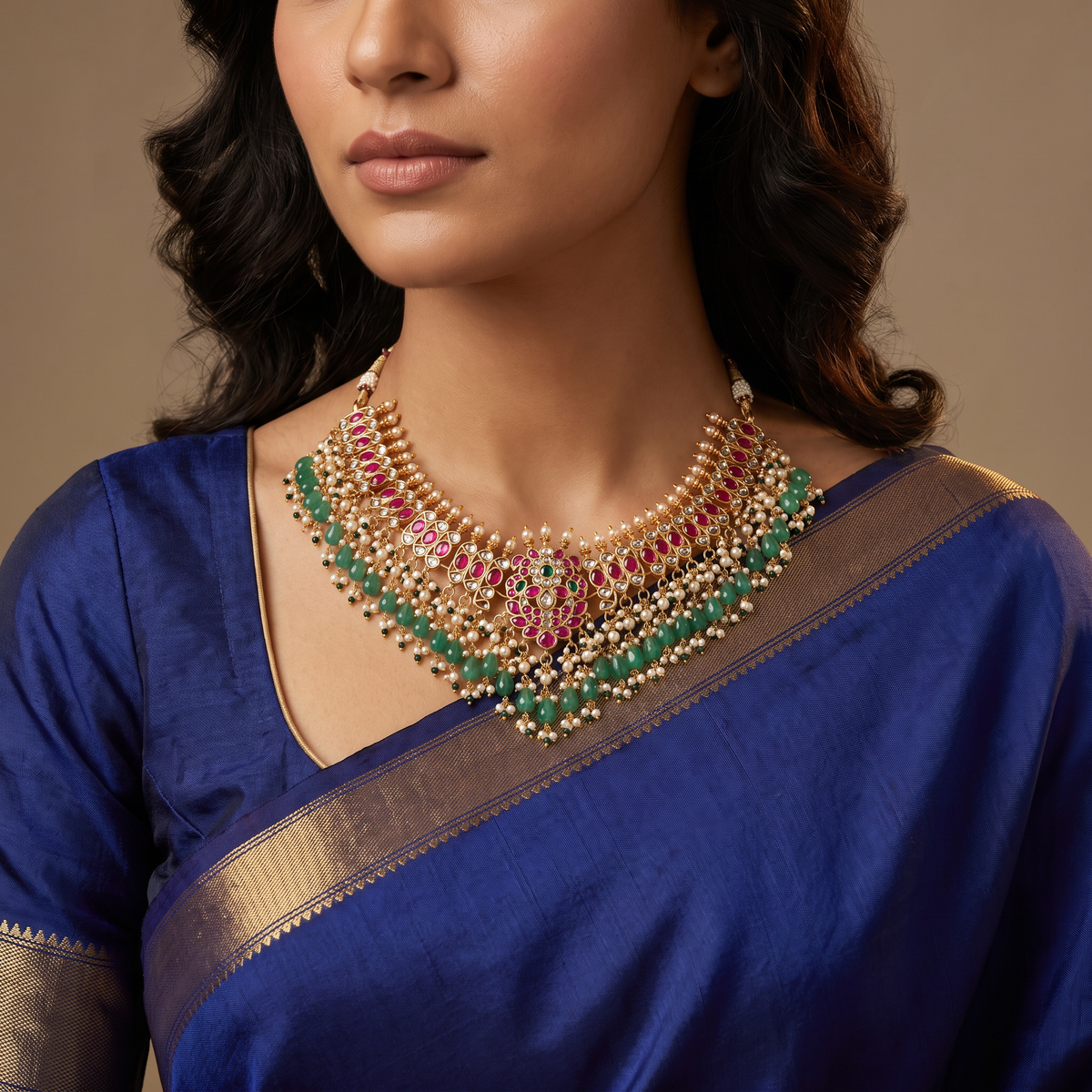 Floral Panel Jadau Necklace with Leaf Links