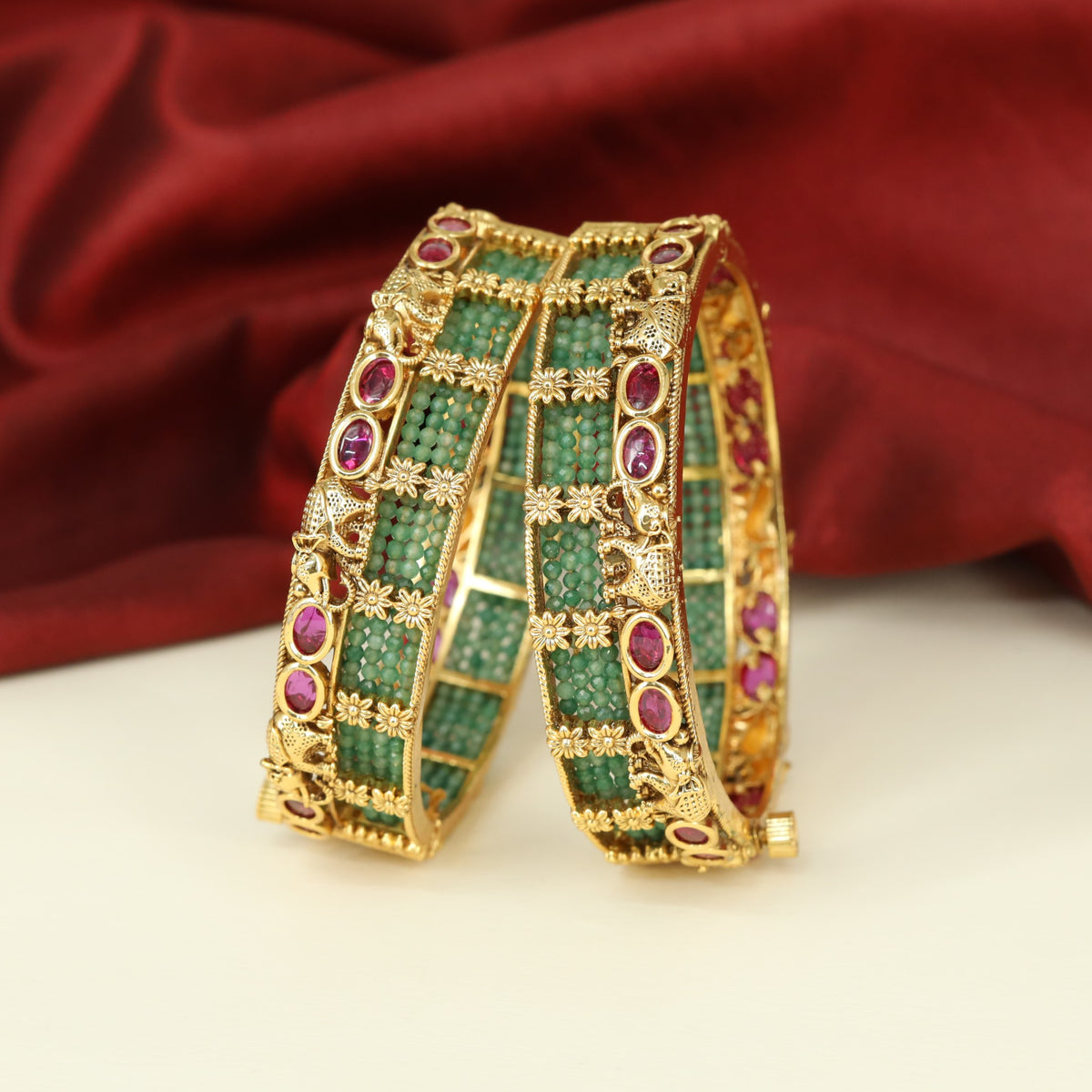Elephant inspired Antique Bangles with Floral Beadwork and Decorative Panels