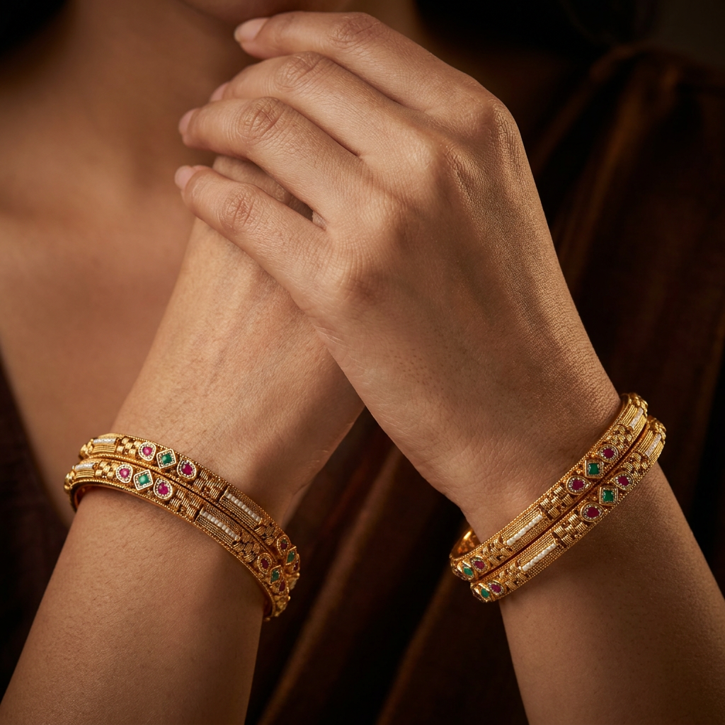 Ropework Antique Bangles with Geometric Accent Panels