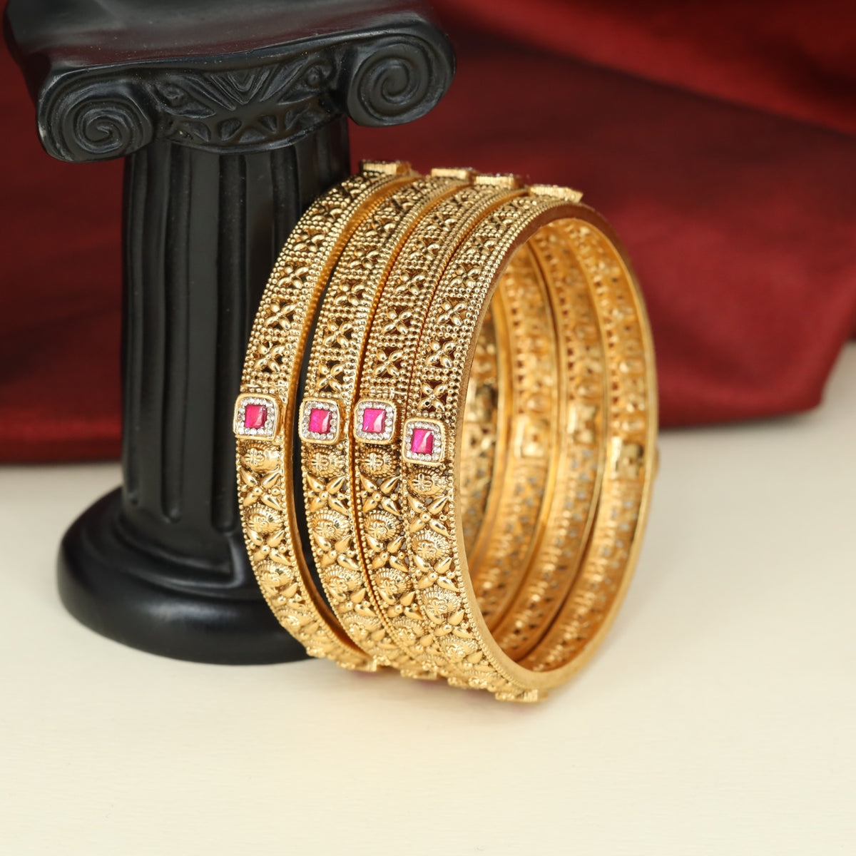Traditional Antique Bangless with Rich Filigree and Raised Floral Forms