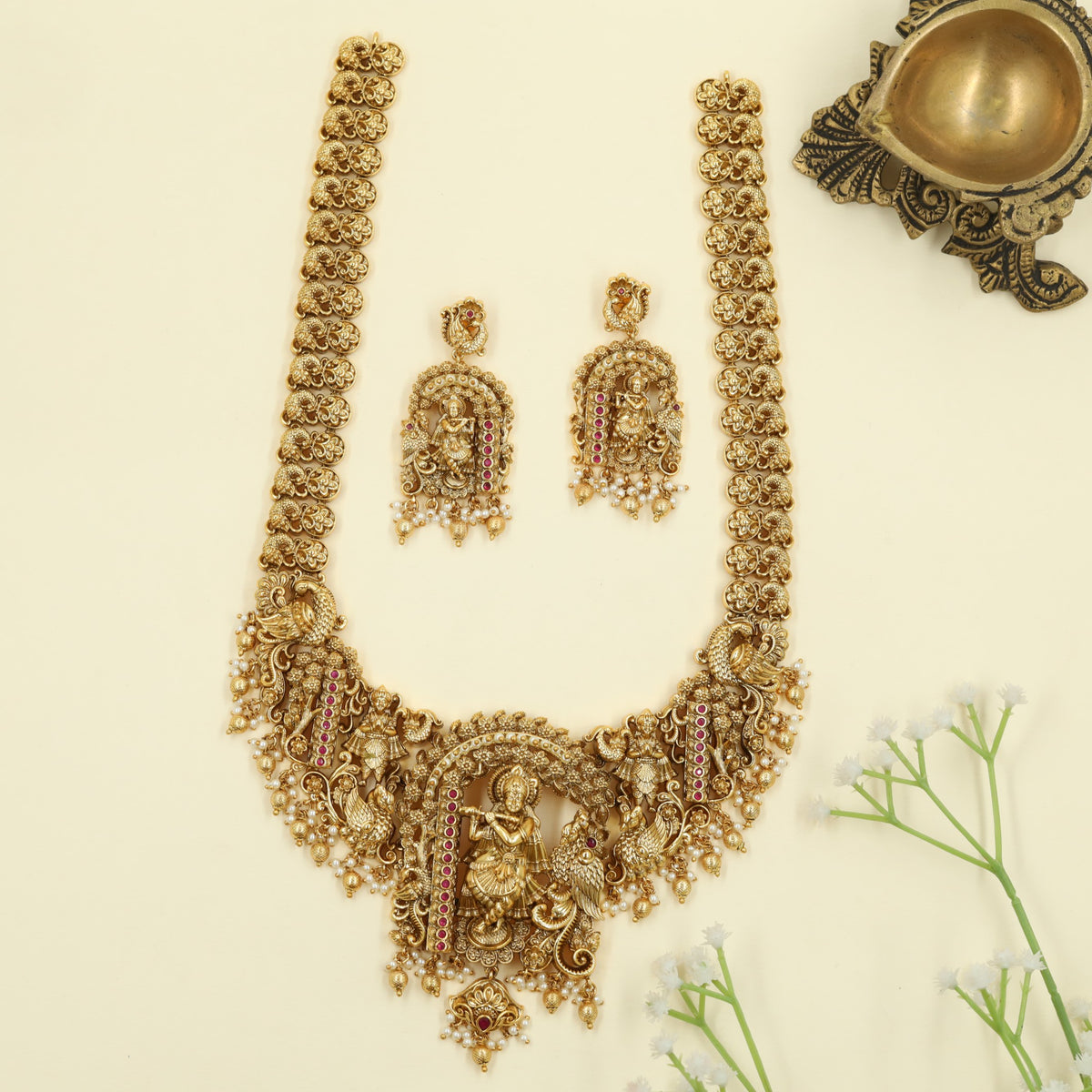 Antique Long Haara featuring Krishna playing the flute with Peacock work