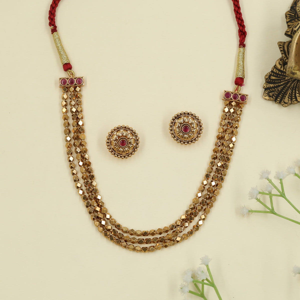 Multi strand Antique Beads Necklace with structured side panels