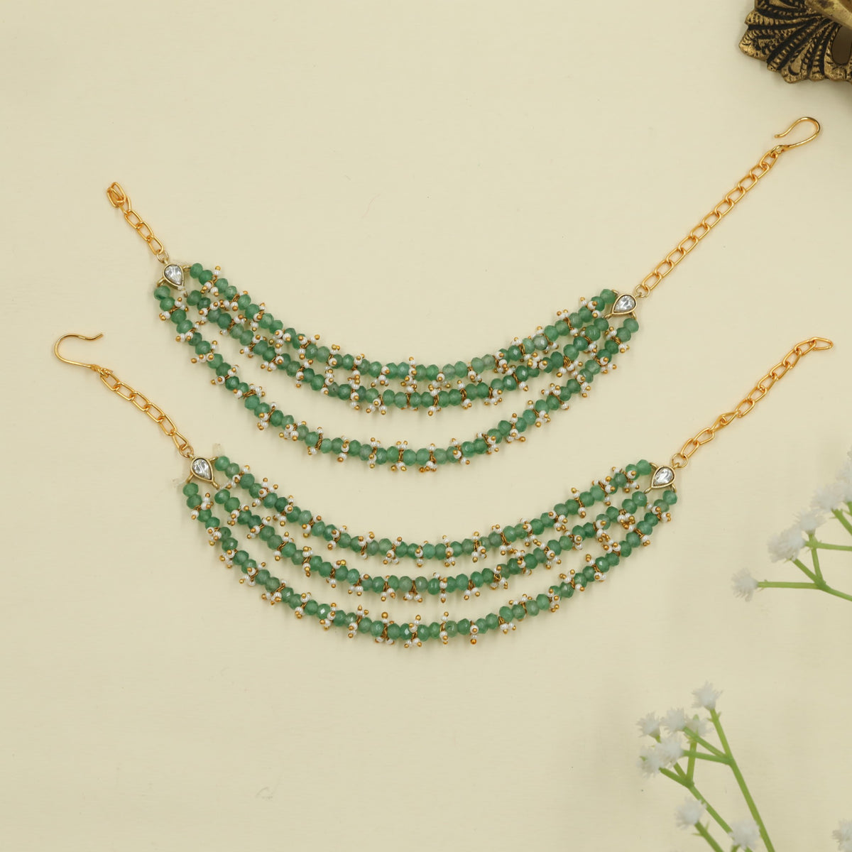 Traditional Jadau Mati with fine green bead strands