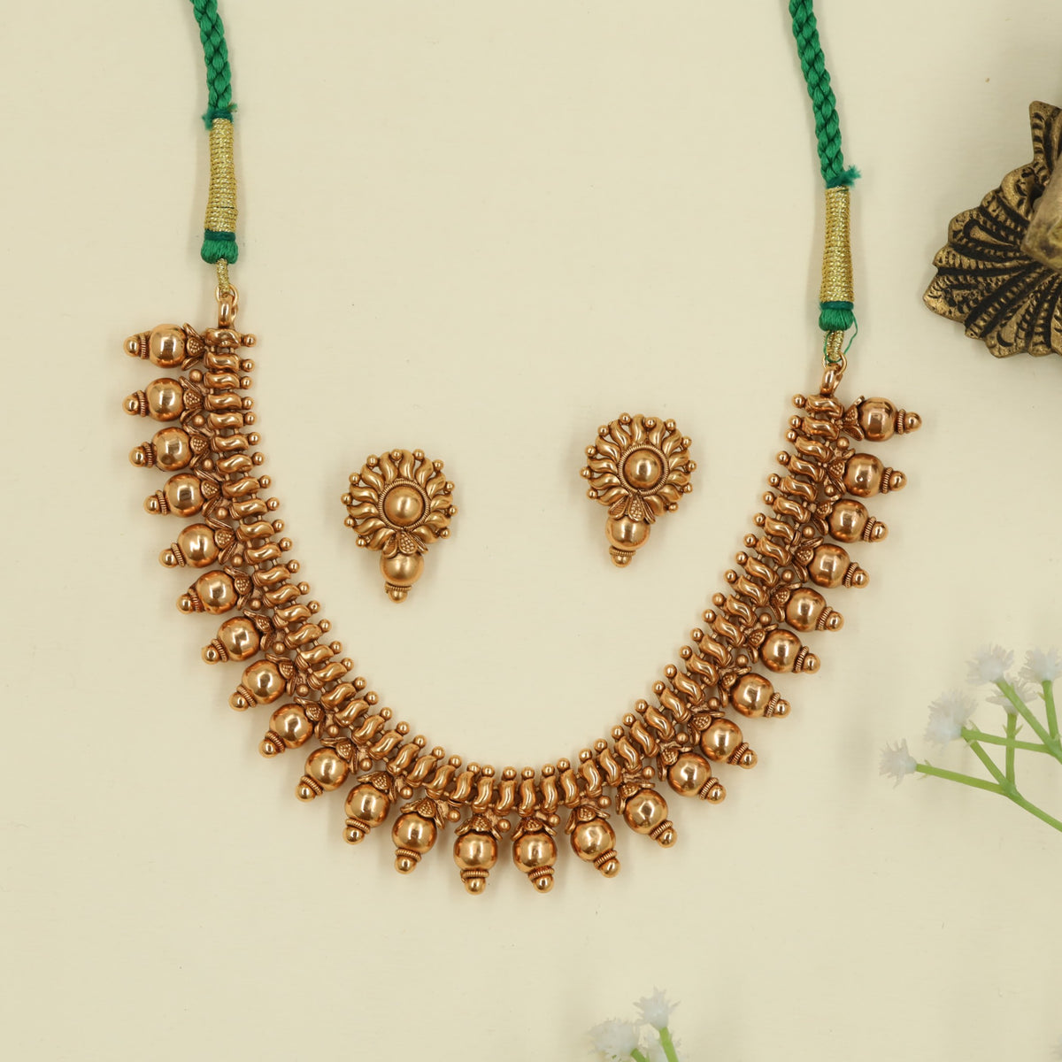 Antique Necklace with floral links and round bead drops