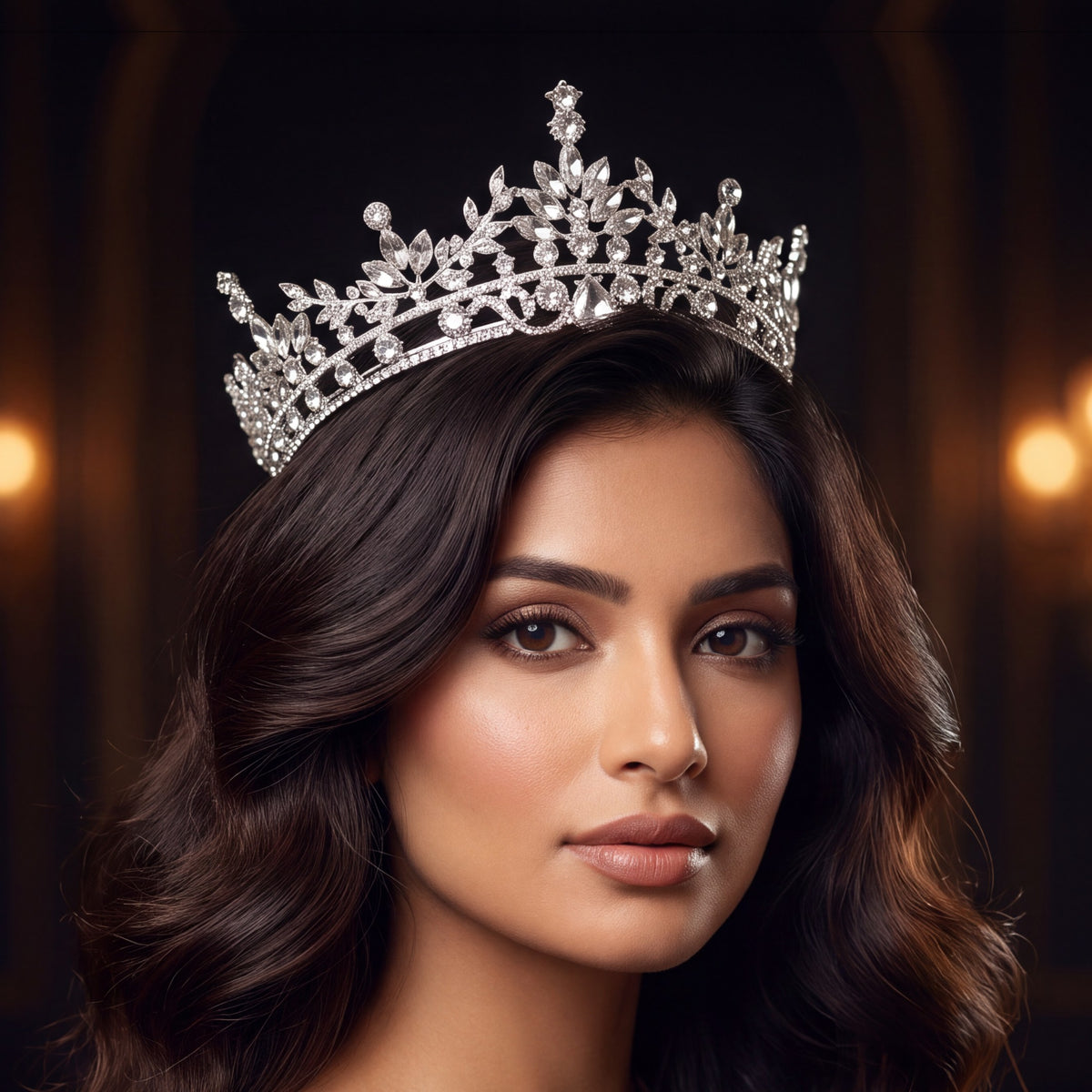 Delicate Crown featuring sculpted leaves, floral accents and symmetrical openwork