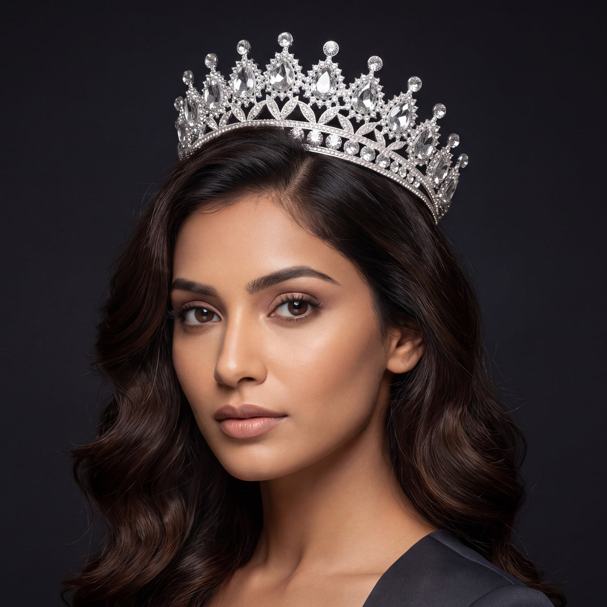 Elegant teardrop frame Crown with refined openwork detailing