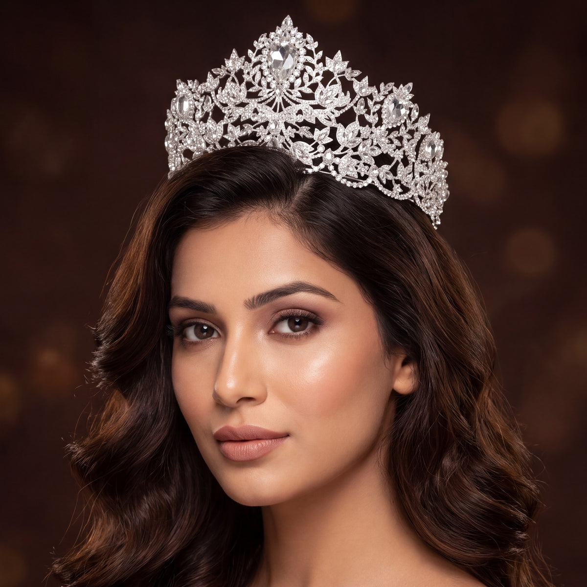 Artful Crown design featuring elegant leaf clusters and a striking central drop