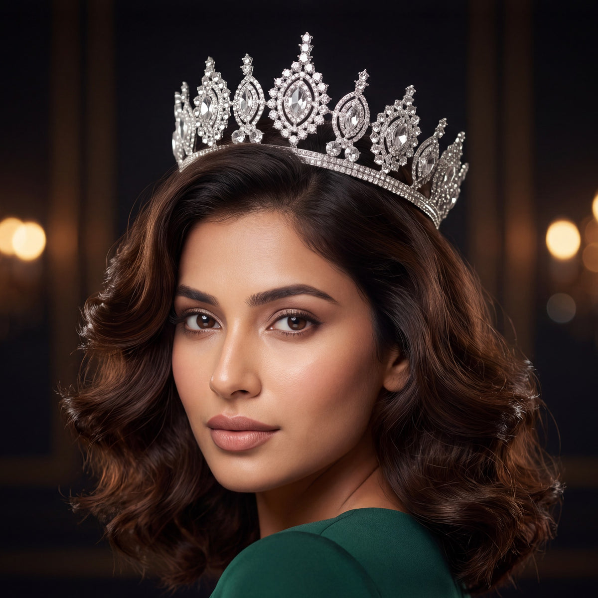 Beautifully structured Crown featuring floral arrangements and an elongated central frame