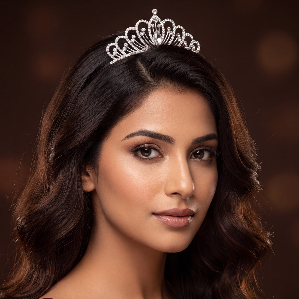 Graceful crystal crown with repeated curved arches and a prominent centre accent