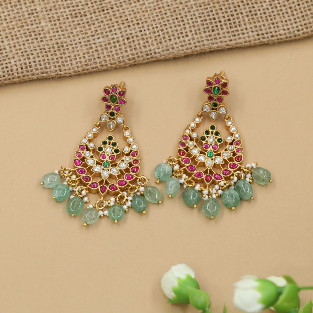 Jadau Chandbali Hangings With Intricate Floral Ornamentation