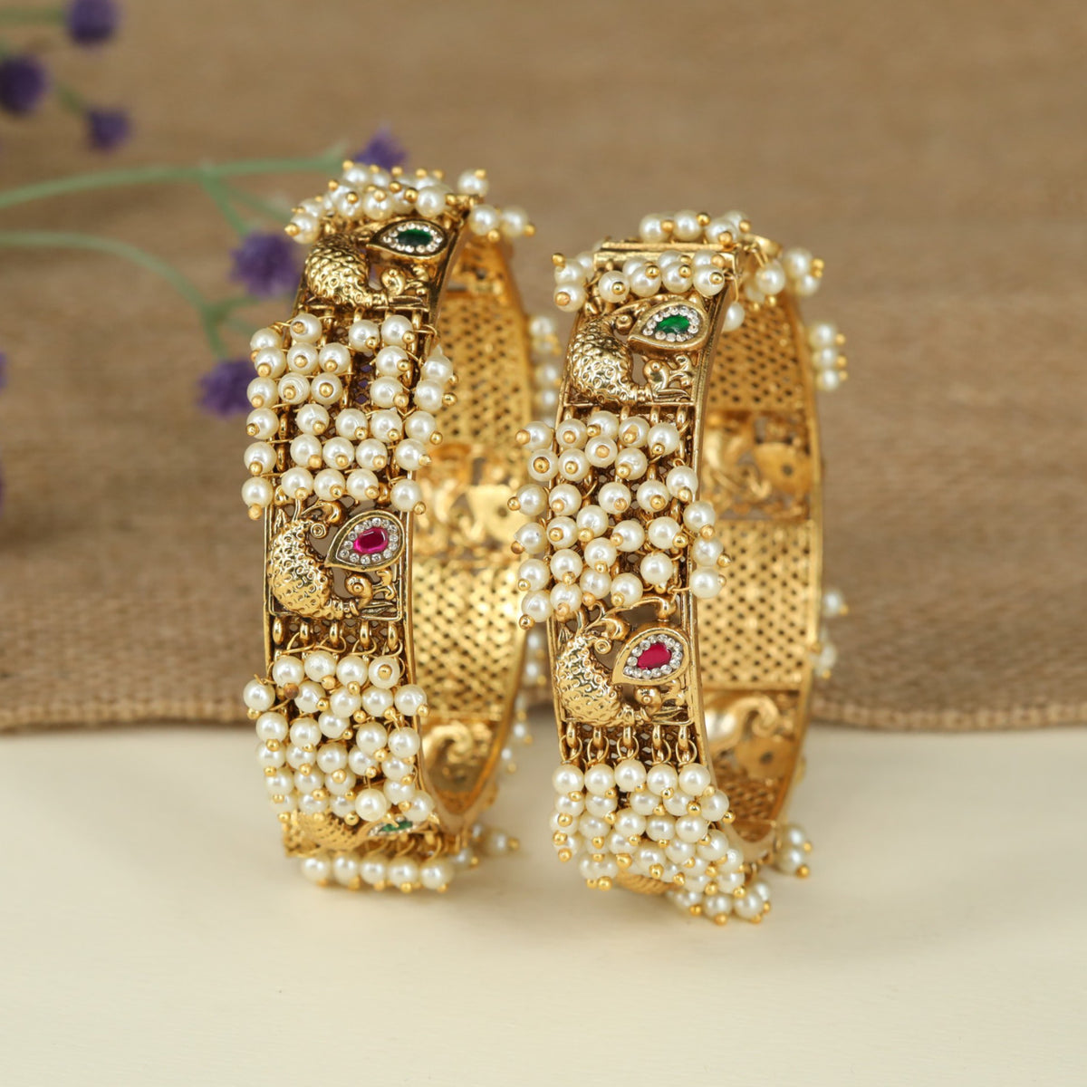 Peacock Antique Bangles With Intricate Figurative Detailing