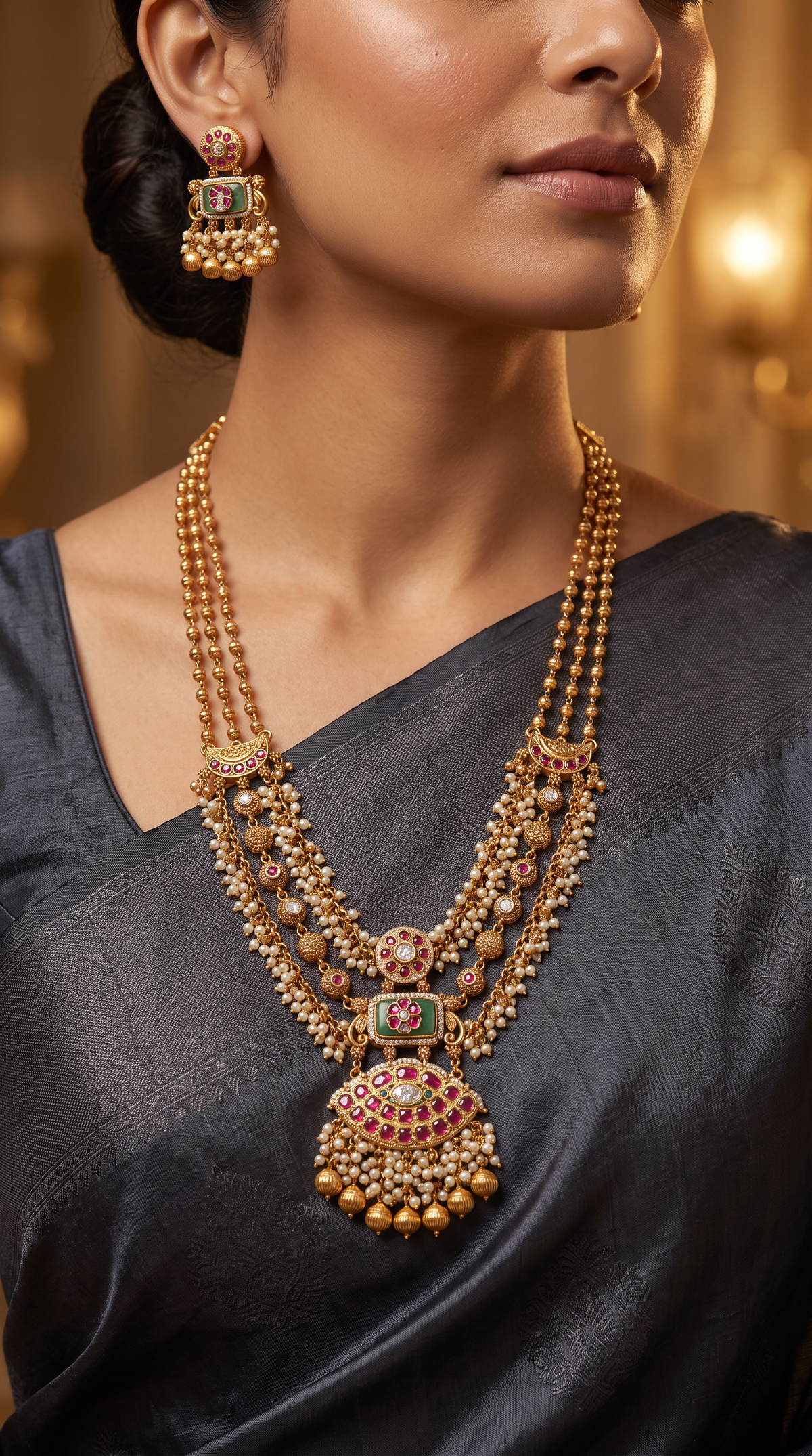 Drape panel kundan long haara with layered chain rows and hanging fringe pendant