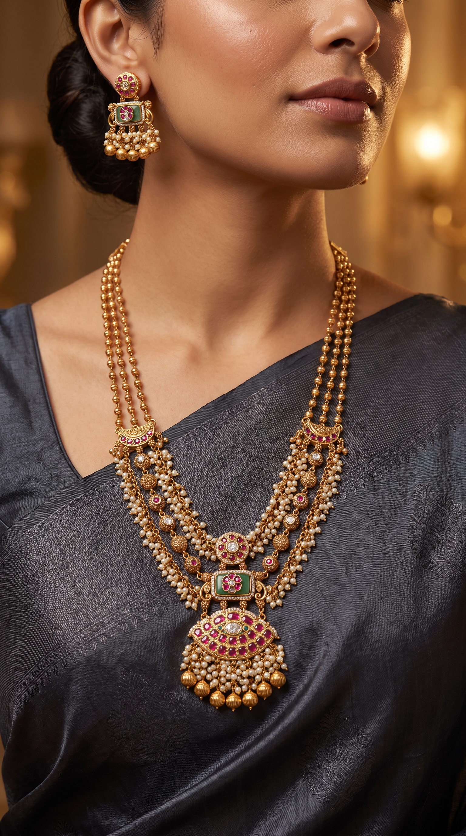 Drape panel kundan long haara with layered chain rows and hanging fringe pendant