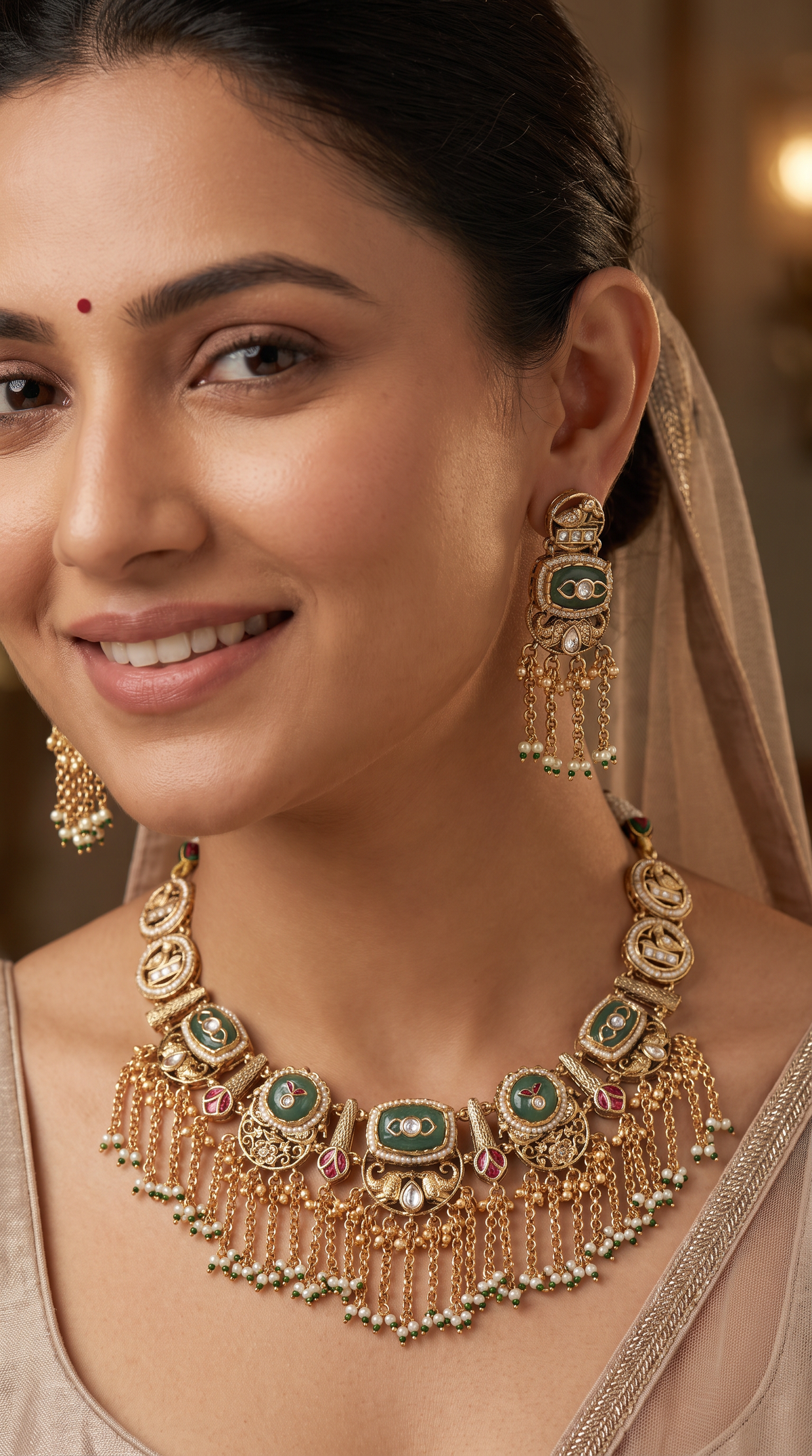 Decorative oval kundan necklace with linked panels and layered fringe drops