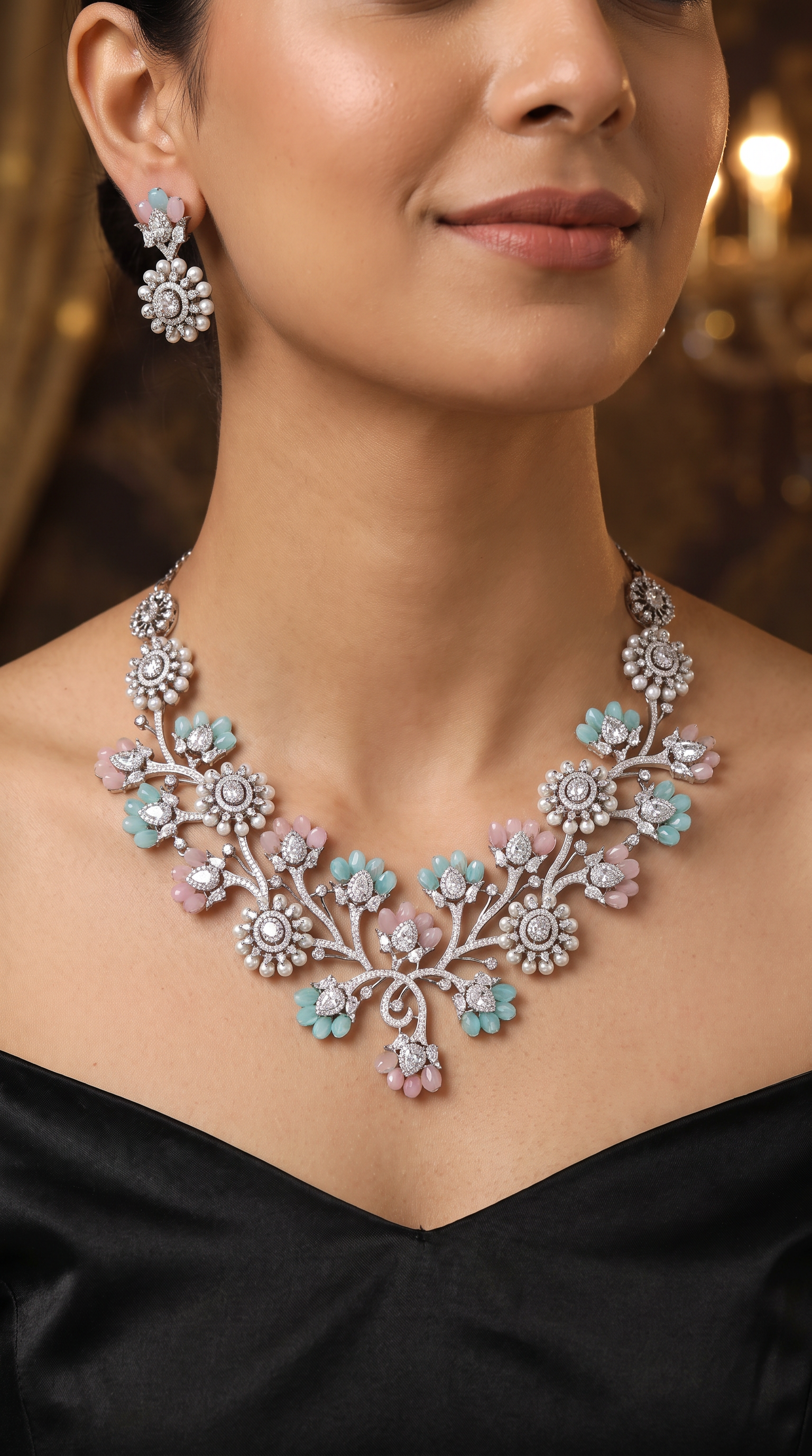 Mint and Blush Floral Crytalstal Necklace Set with Pearl Sunburst Motifs