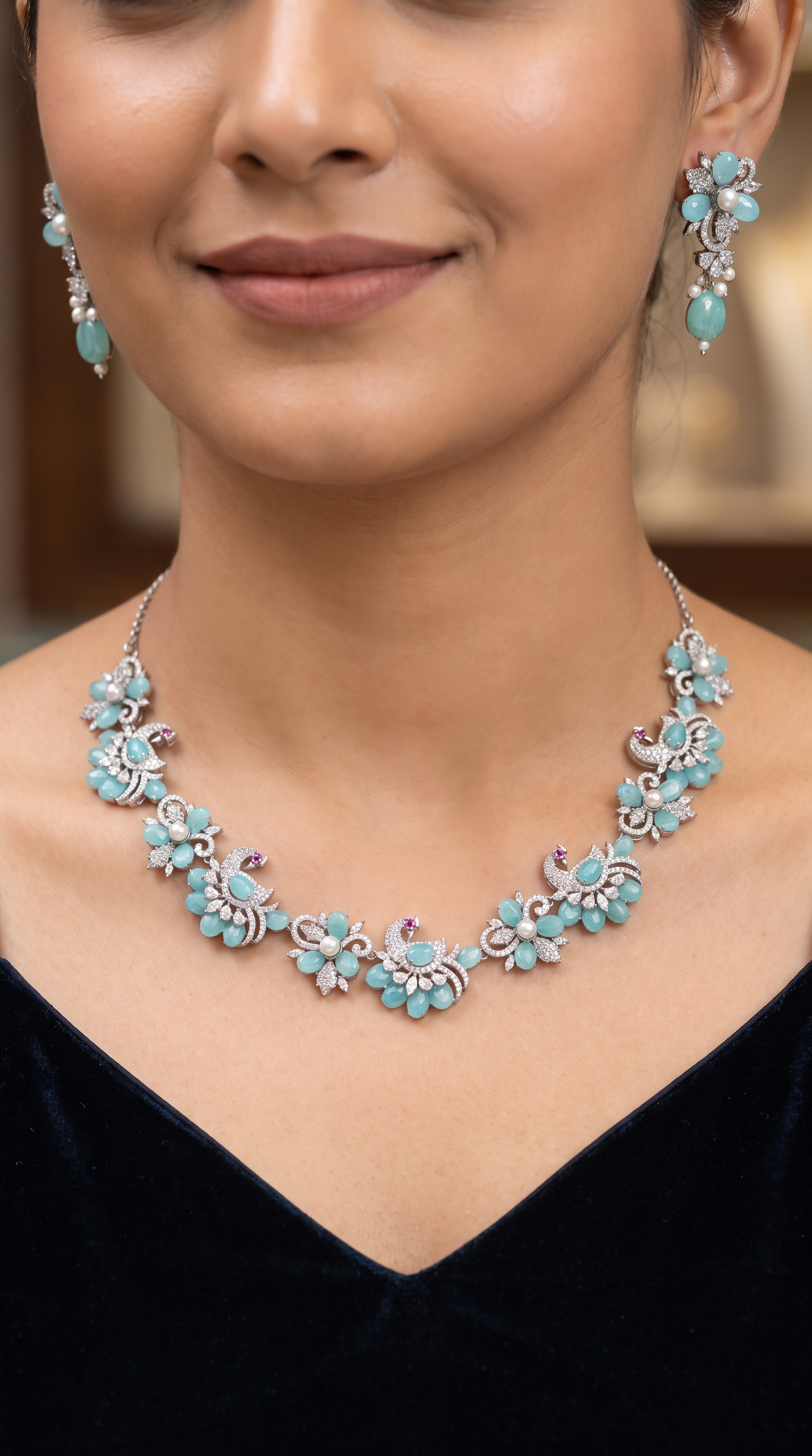 Contemporary Swan Pattern Crystal Necklace Set with Floral Motifs