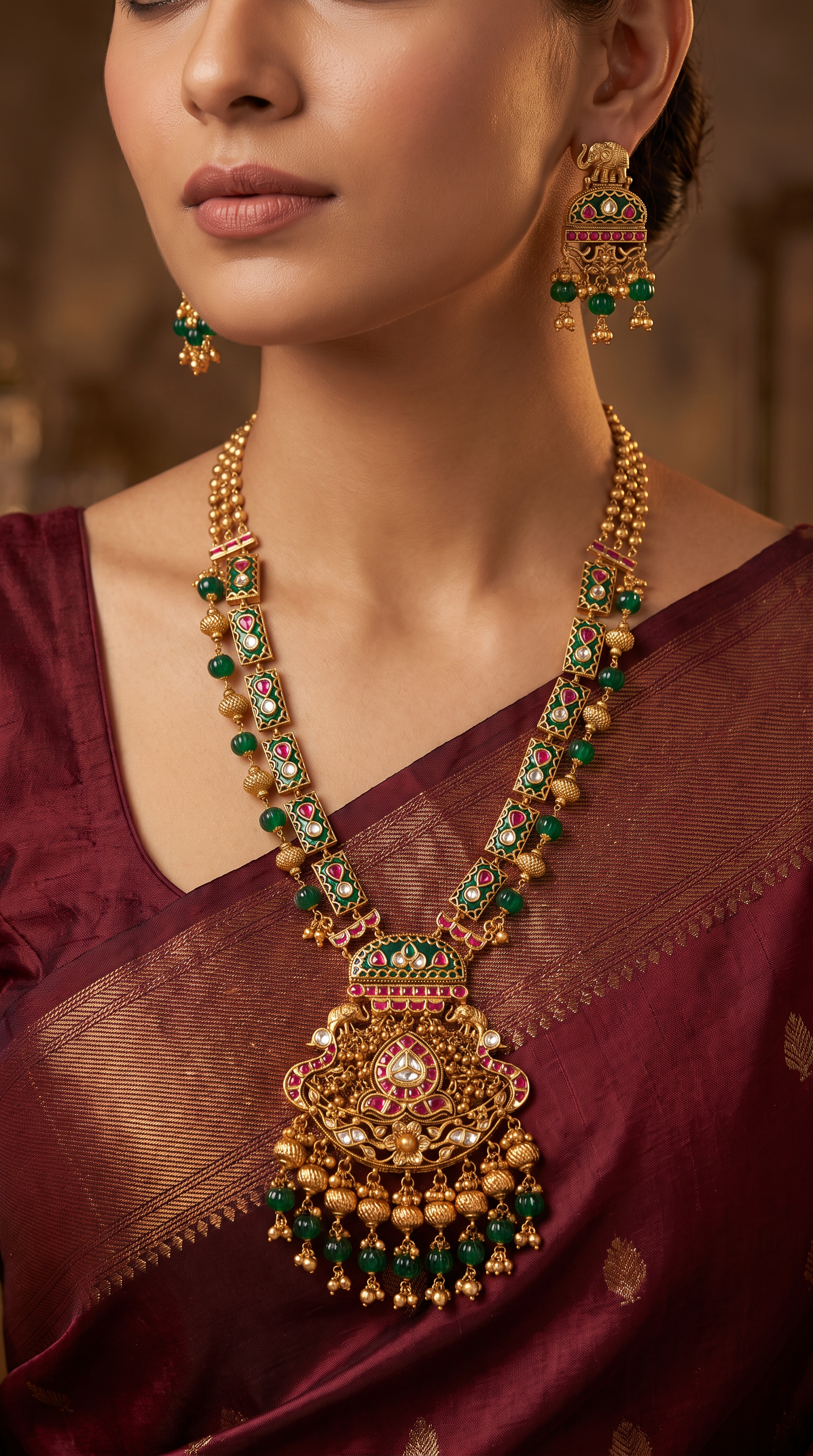 Elephant top kundan beads long haara with panel links and heavy fringe pendant with bead drops