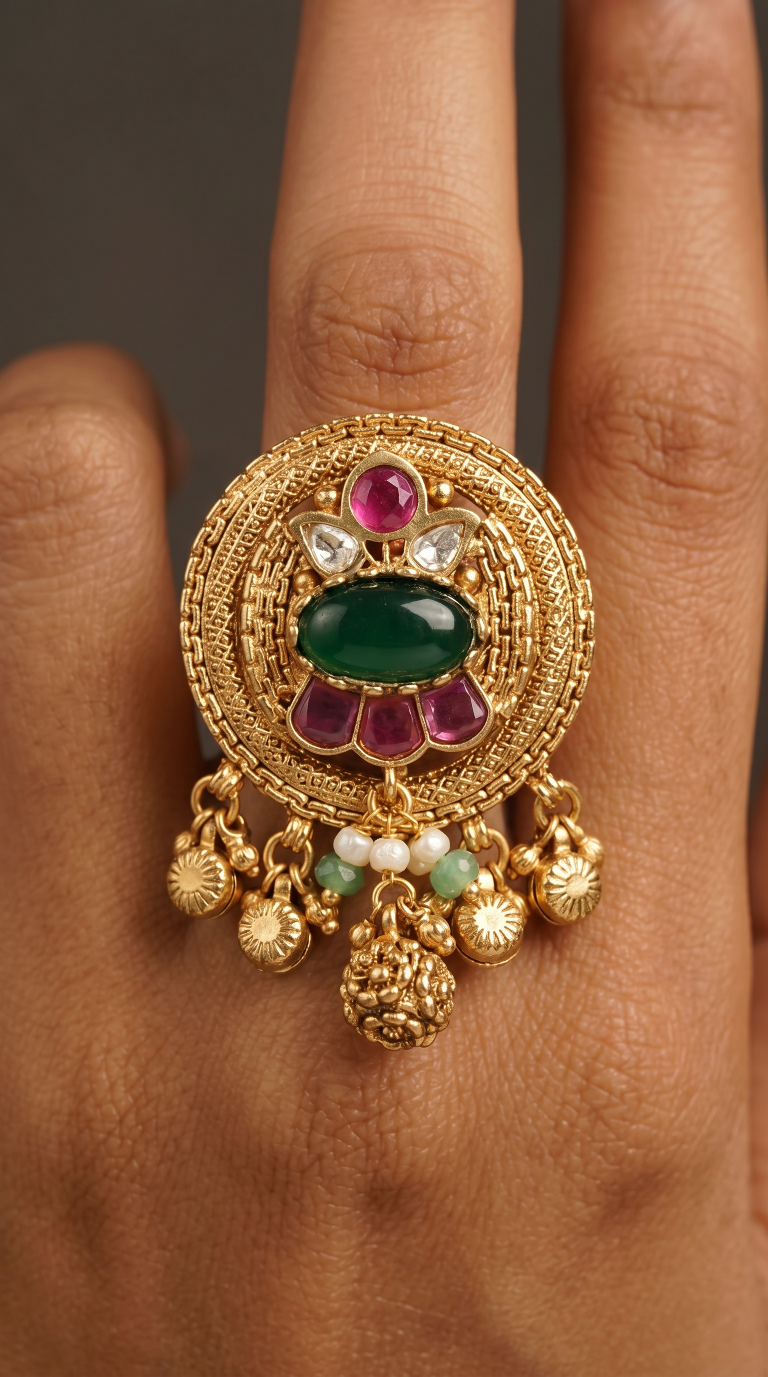 Woven Texture Disc Kundan Finger Ring with Raised Oval Center and Fringe Drop Charms