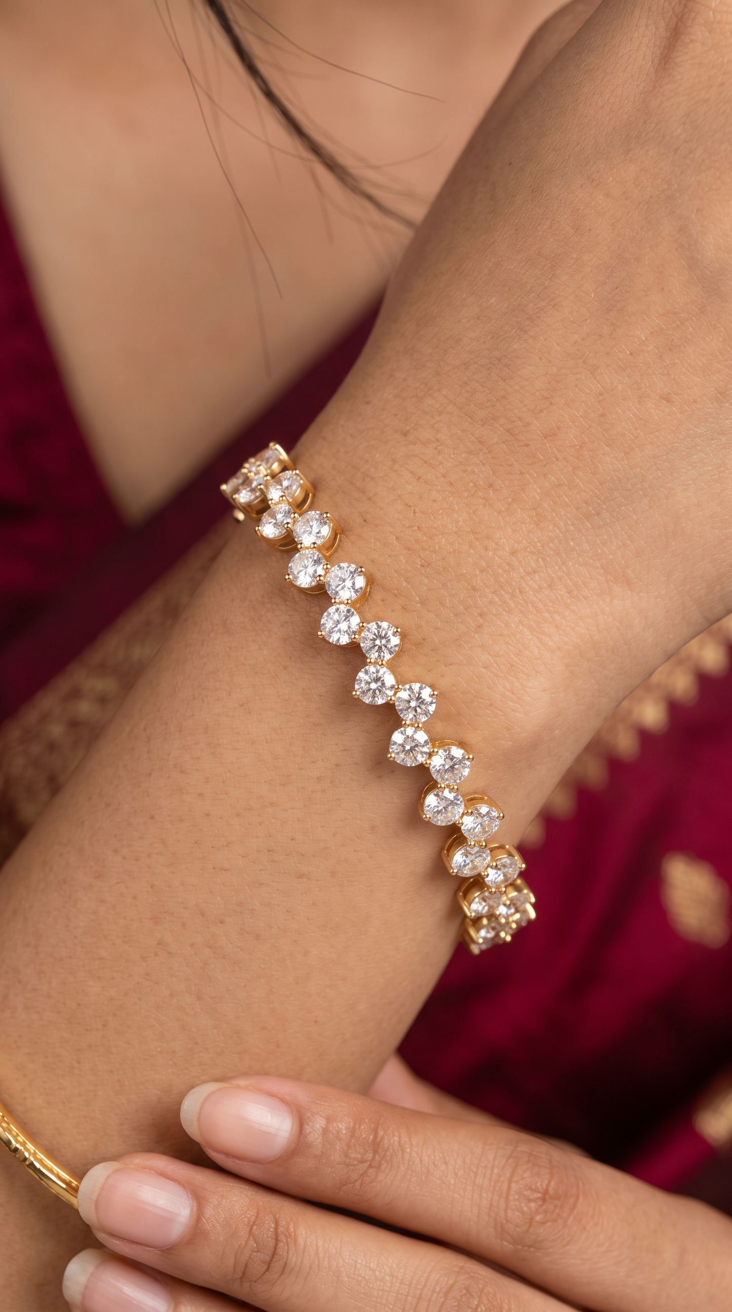 Sleek Gold Tone Bangle with Uniform Round Stone Alignment