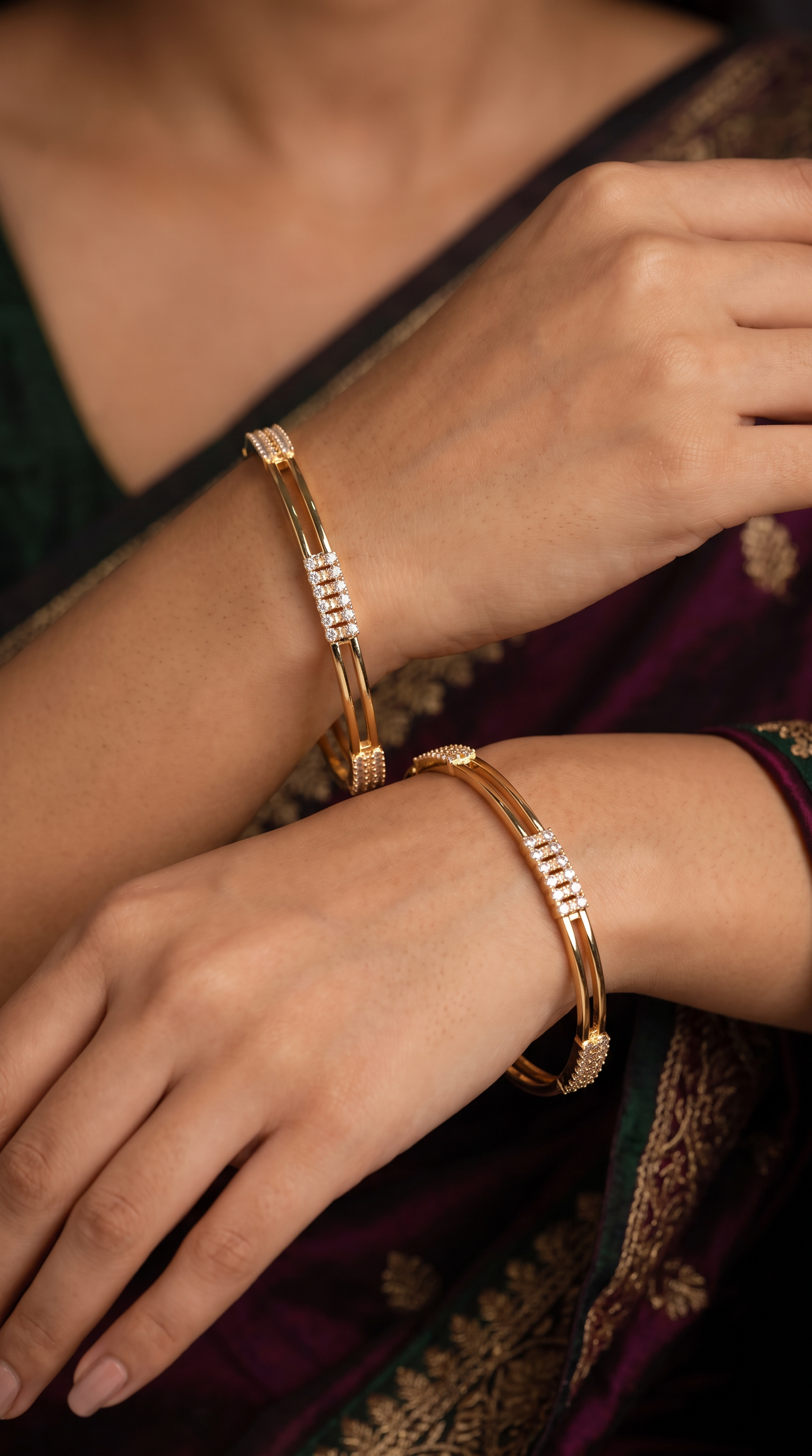 Structured Twin Line Bangles with Center Stone Clusters