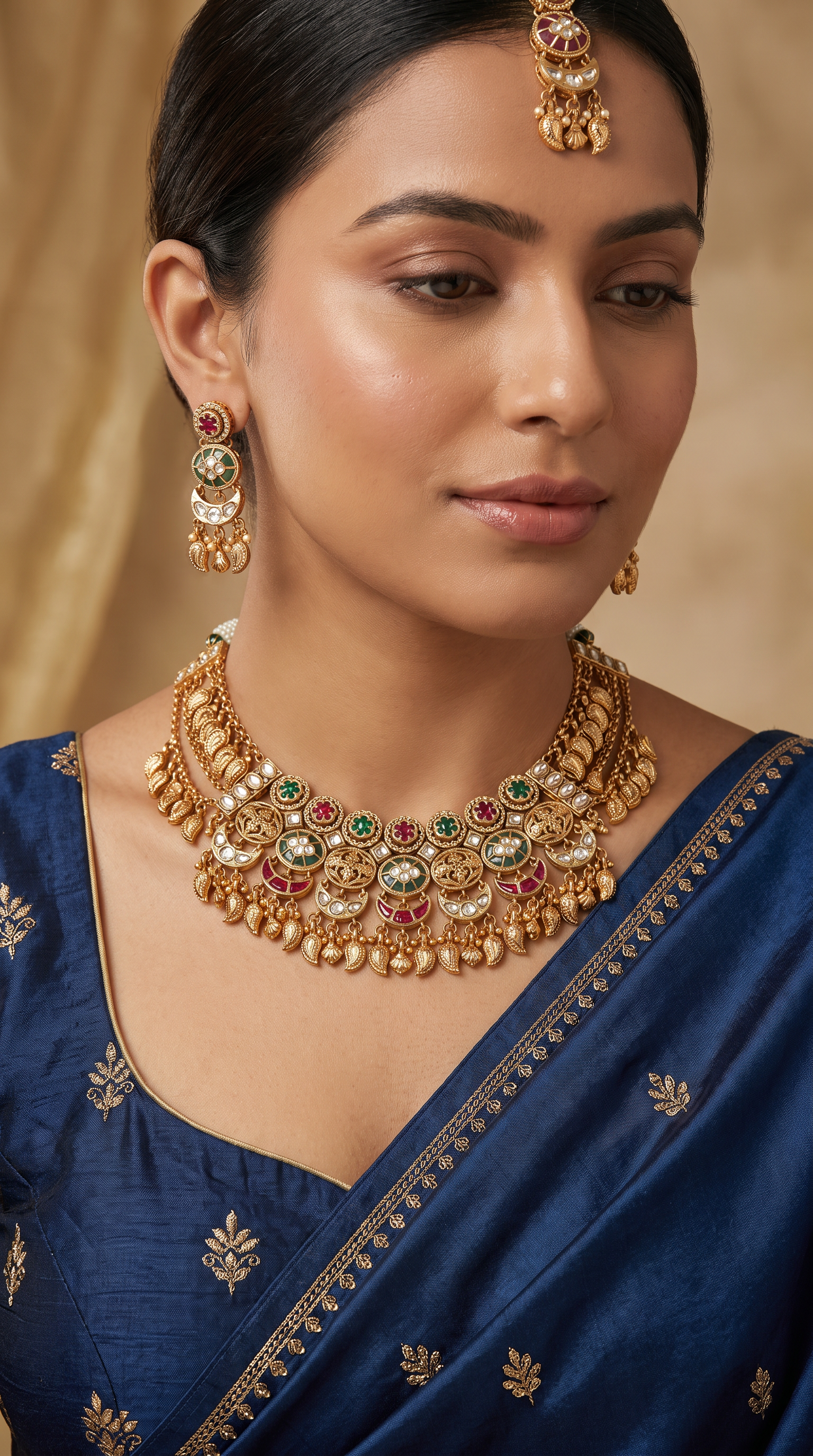 Jali disc kundan choker with structured rounds and hanging leaf fringe