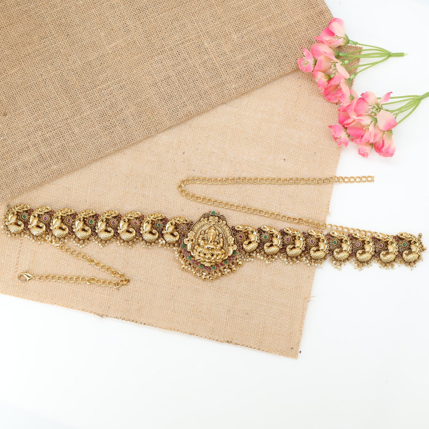Sudarshini Lakshmi Medallion Waist Belt with Peacock Panel Links and Bead Fringe