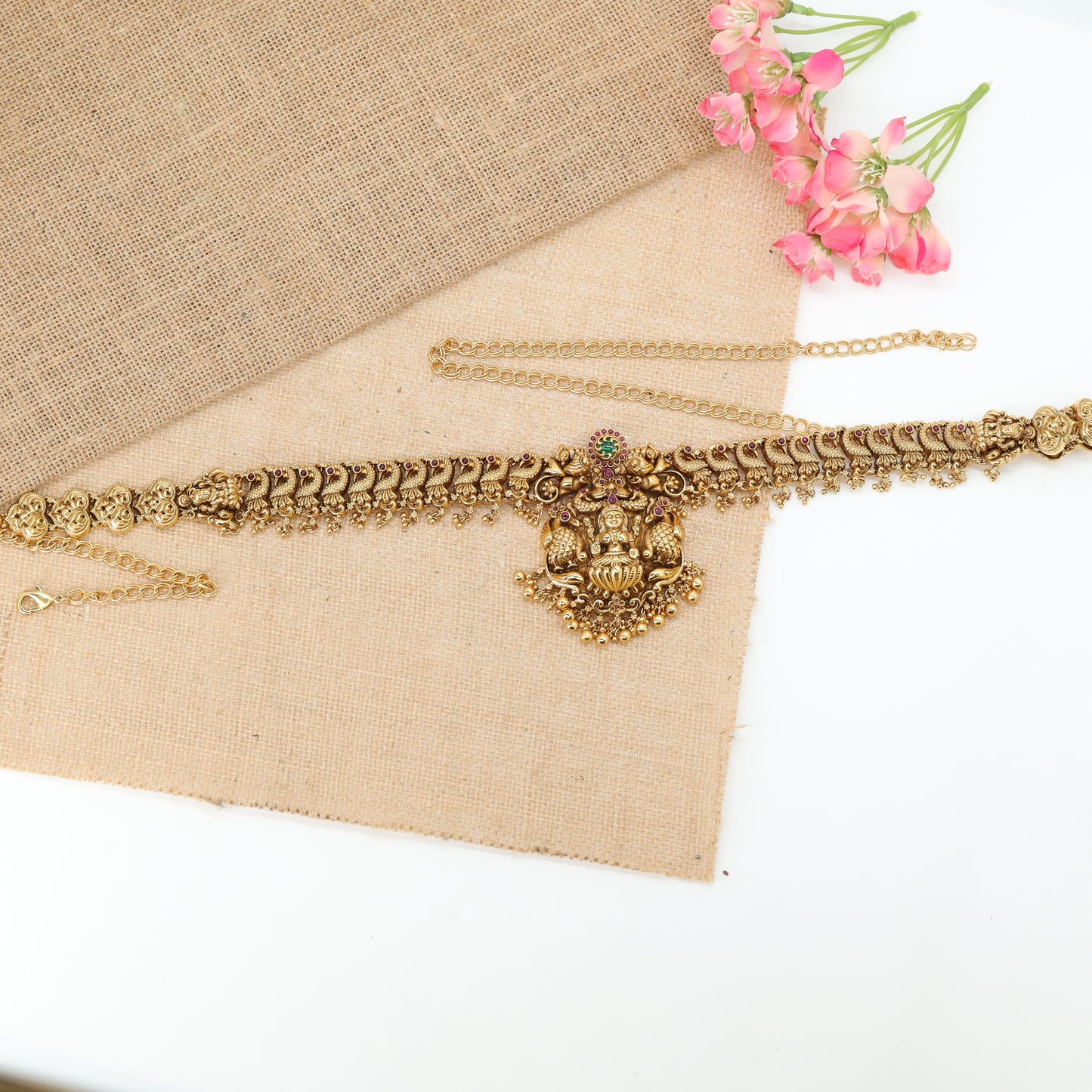 Lakshmi Motif Temple Waist Belt with Peacock Side Detailing