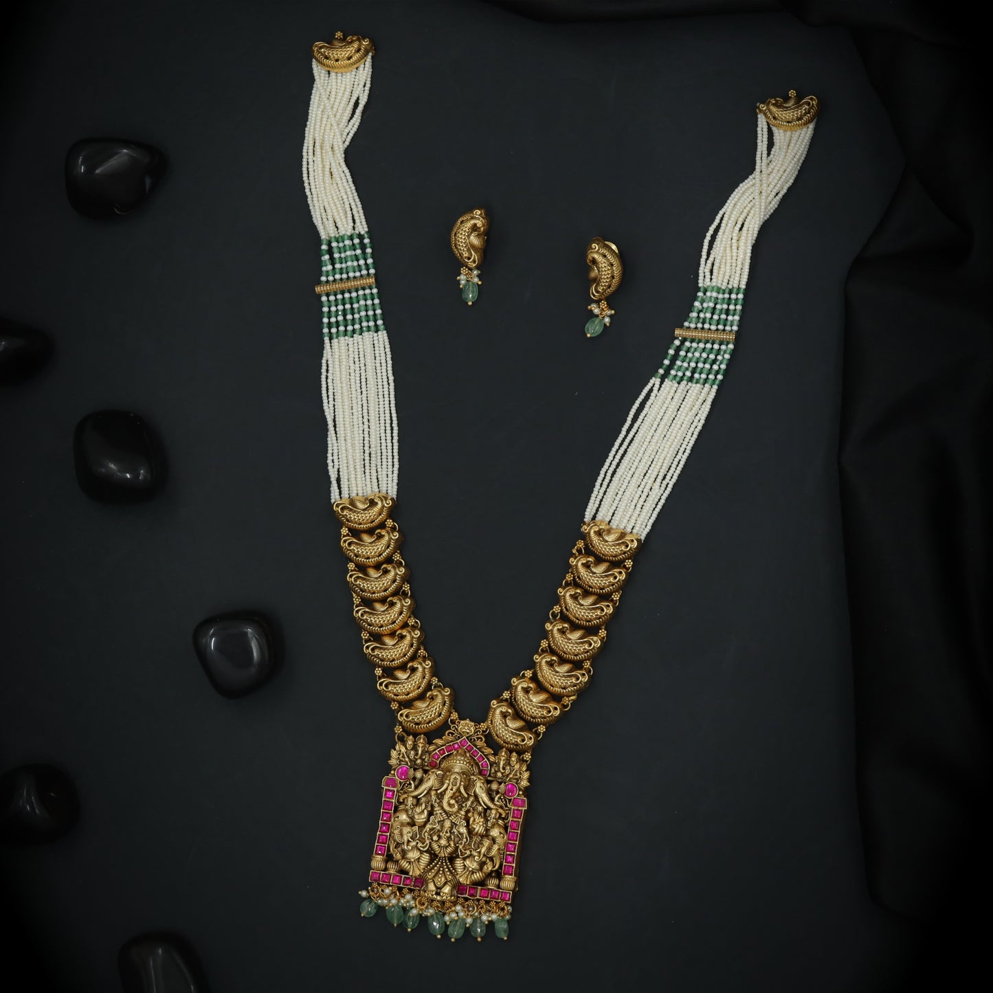 Silver Ganesha Peacock Link Long Haara Set