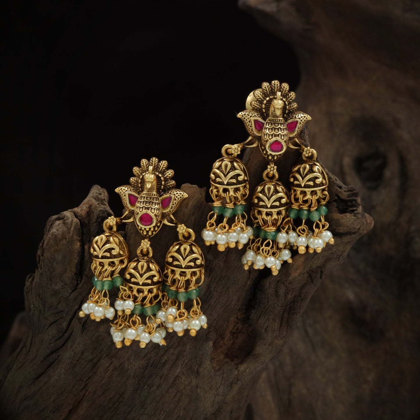Silver Peacock Jhumka Cascade Hanging Earrings