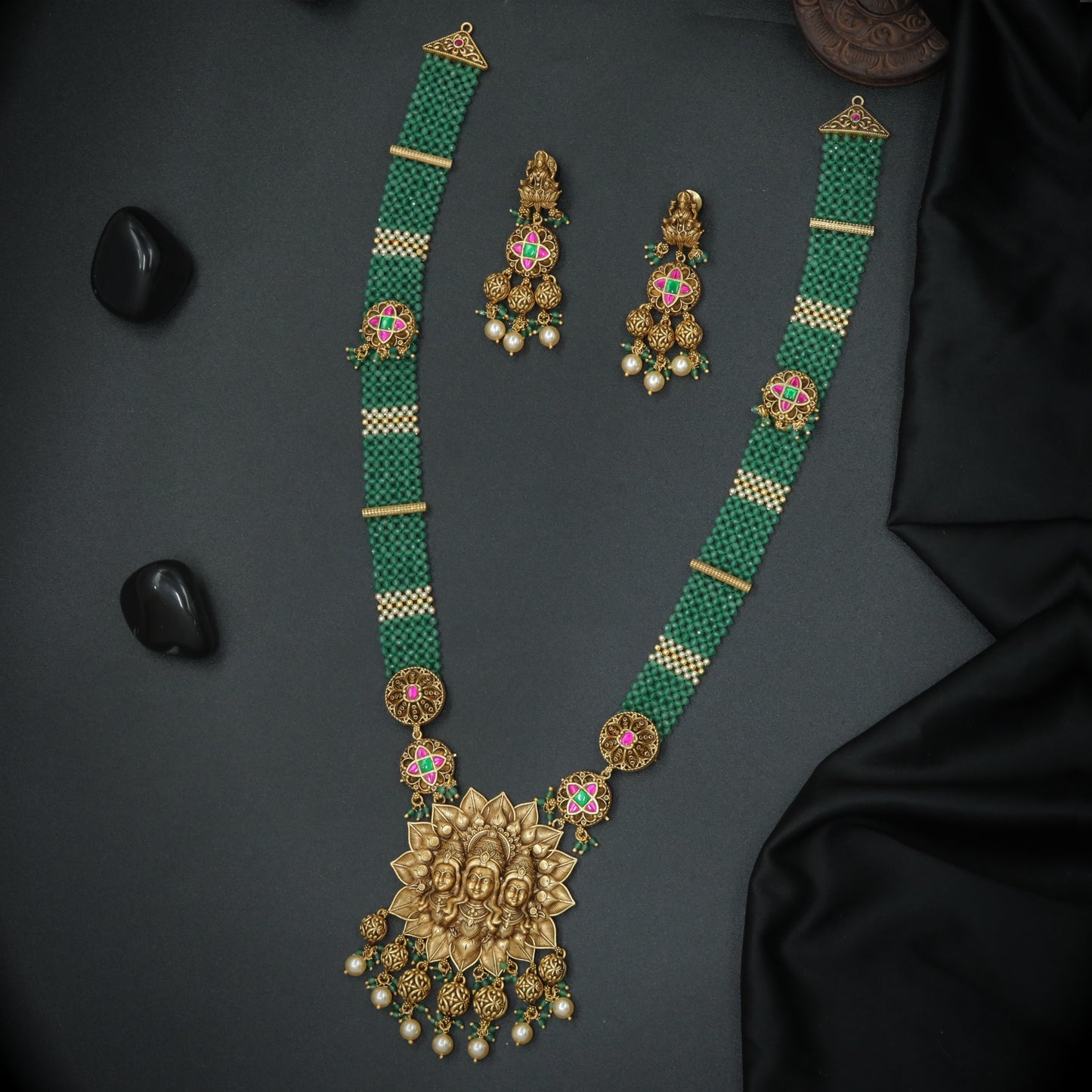 Antique Surya Deva Green Bead Long Necklace Set