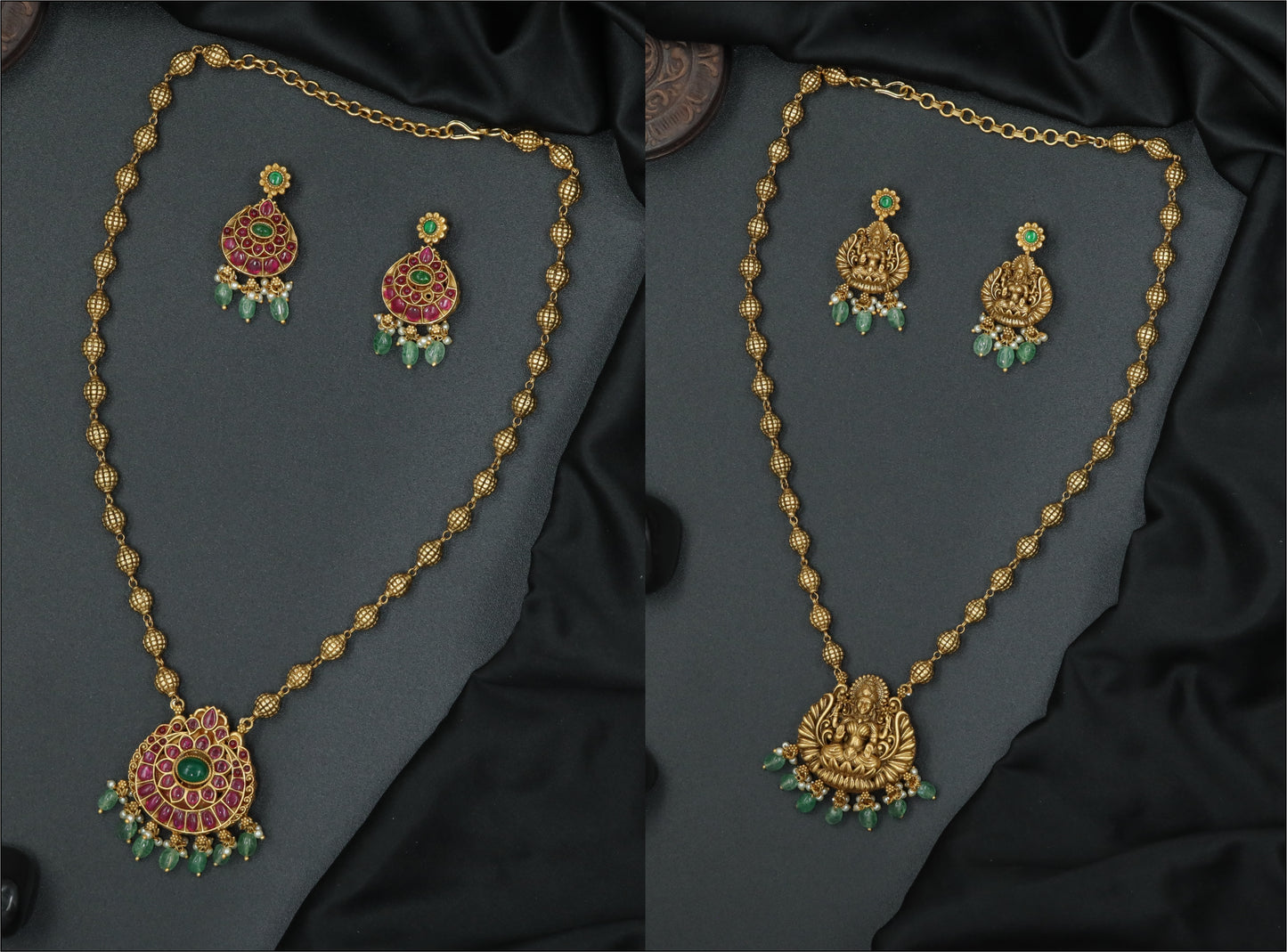 Double side Antique Gold-Tone Temple Pendant Necklace Set