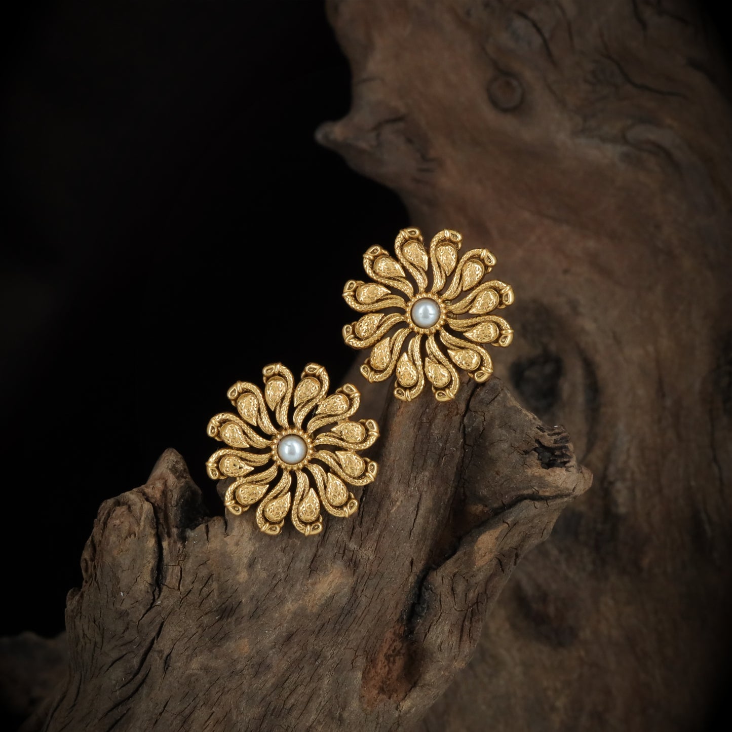 Floral Silver Stud Earrings with Green Stone