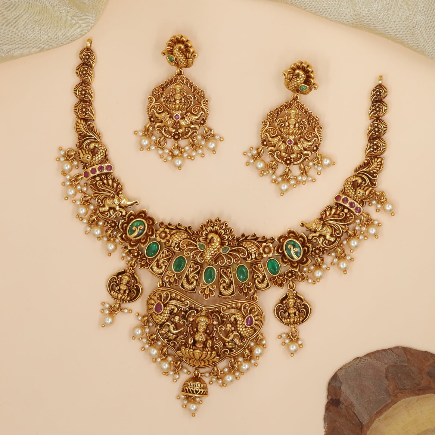 Silver Peacock Motif Pearl Drop Necklace Set