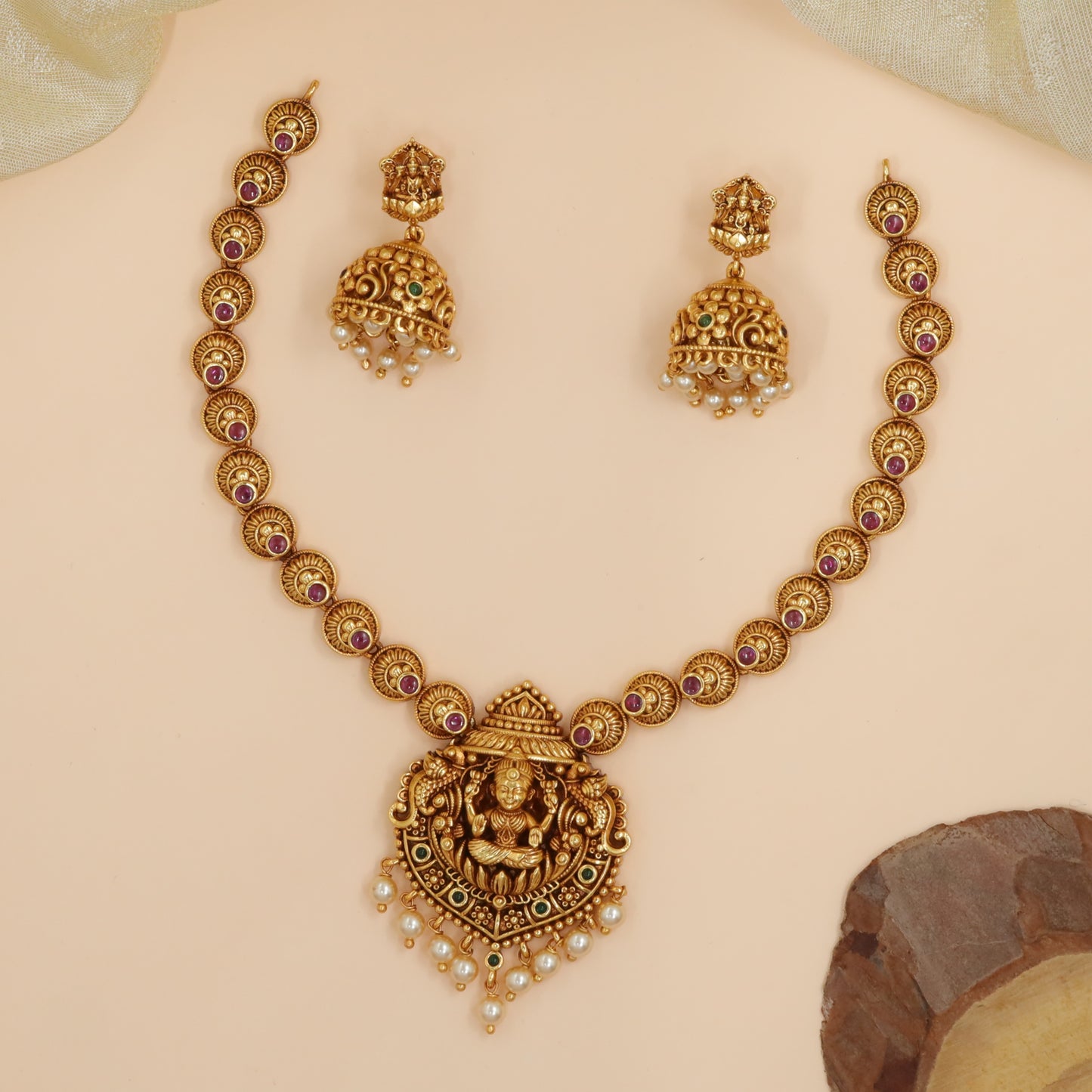 Silver Goddess Lakshmi Coin Link Necklace Set