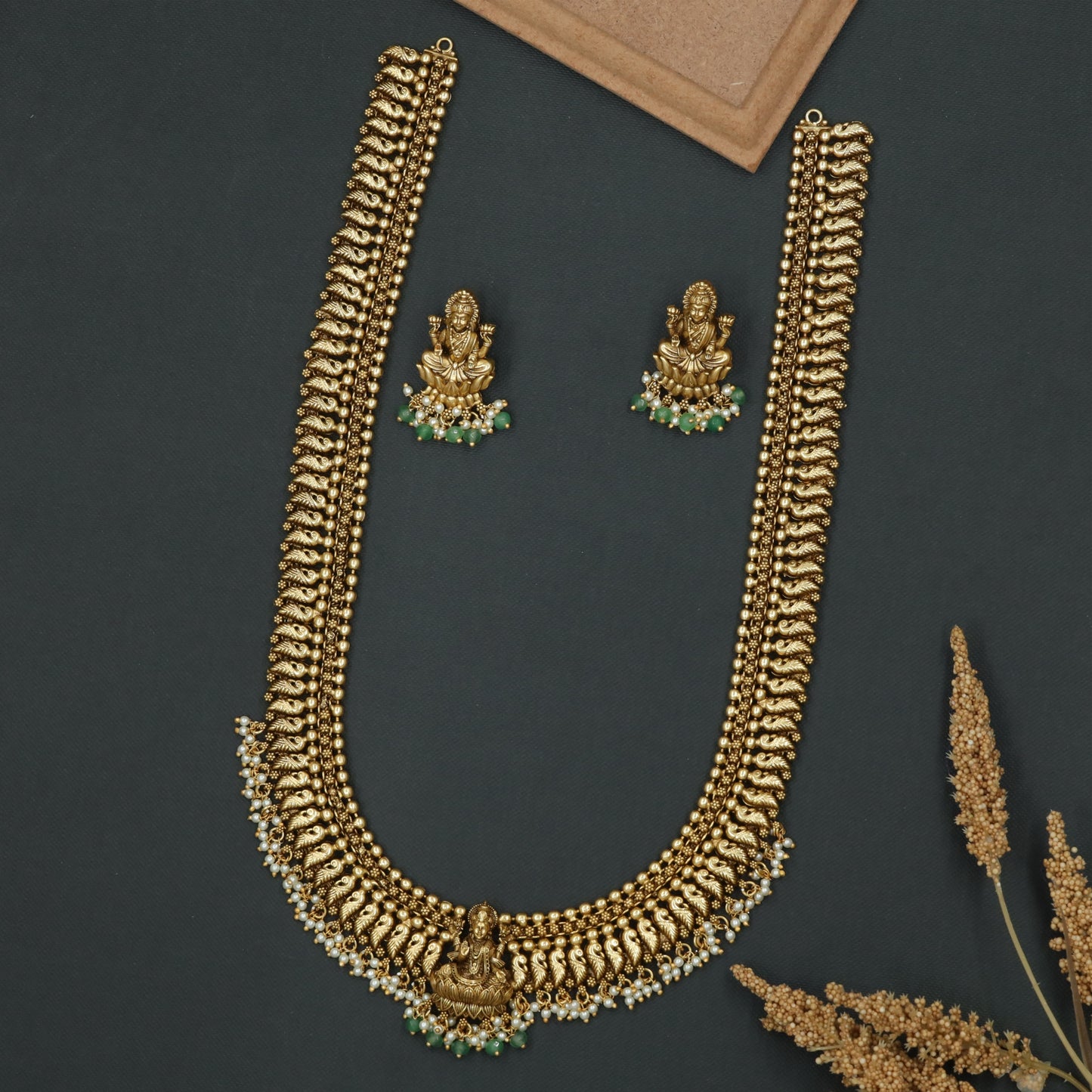 Lakshmi Idol Pendant with Drop Detailing Long Silver Necklace